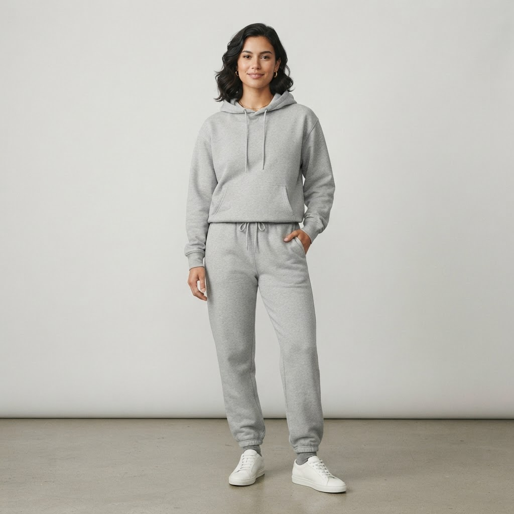 Model wearing a custom heather-gray 808 Threads hoodie and sweatpants
